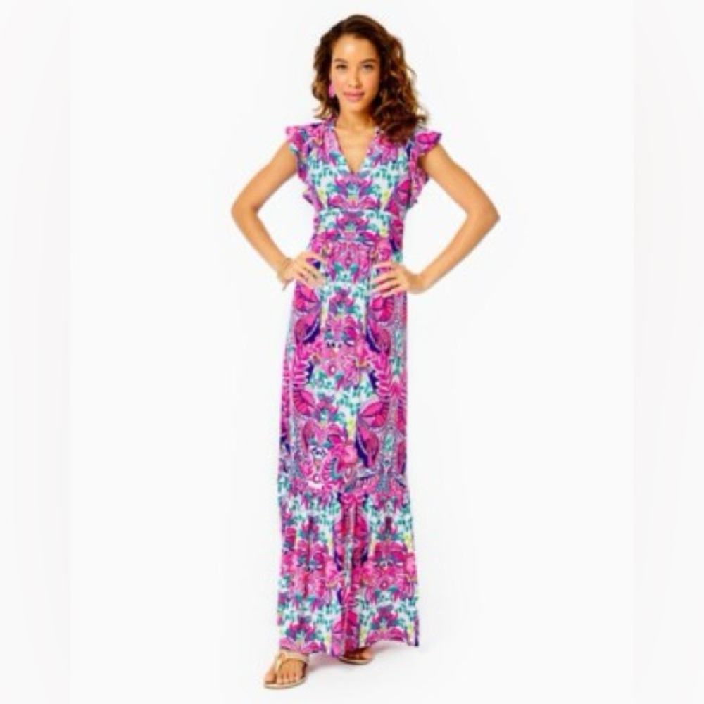 Lilly Pulitzer Adriann Maxi Dress Flutter Sleeve She's To Fly Size XL NWOT - Picture 2 of 7